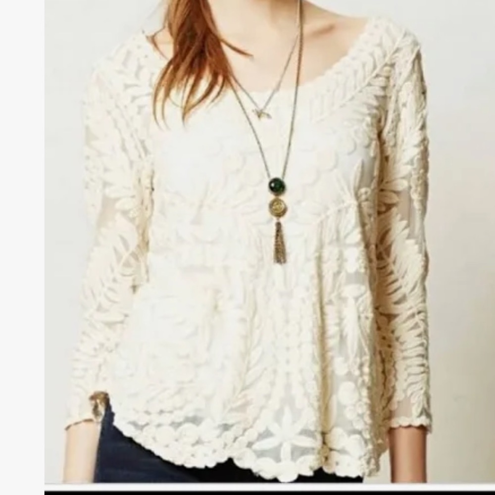 Anthro Meadow Rue cream Lace Grace long sleeve sheer shirt scoop neck scallops